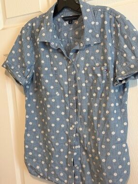 Tommy Hilfiger Blue and White Polka Dot Short Sleeve Button-Up Shirt